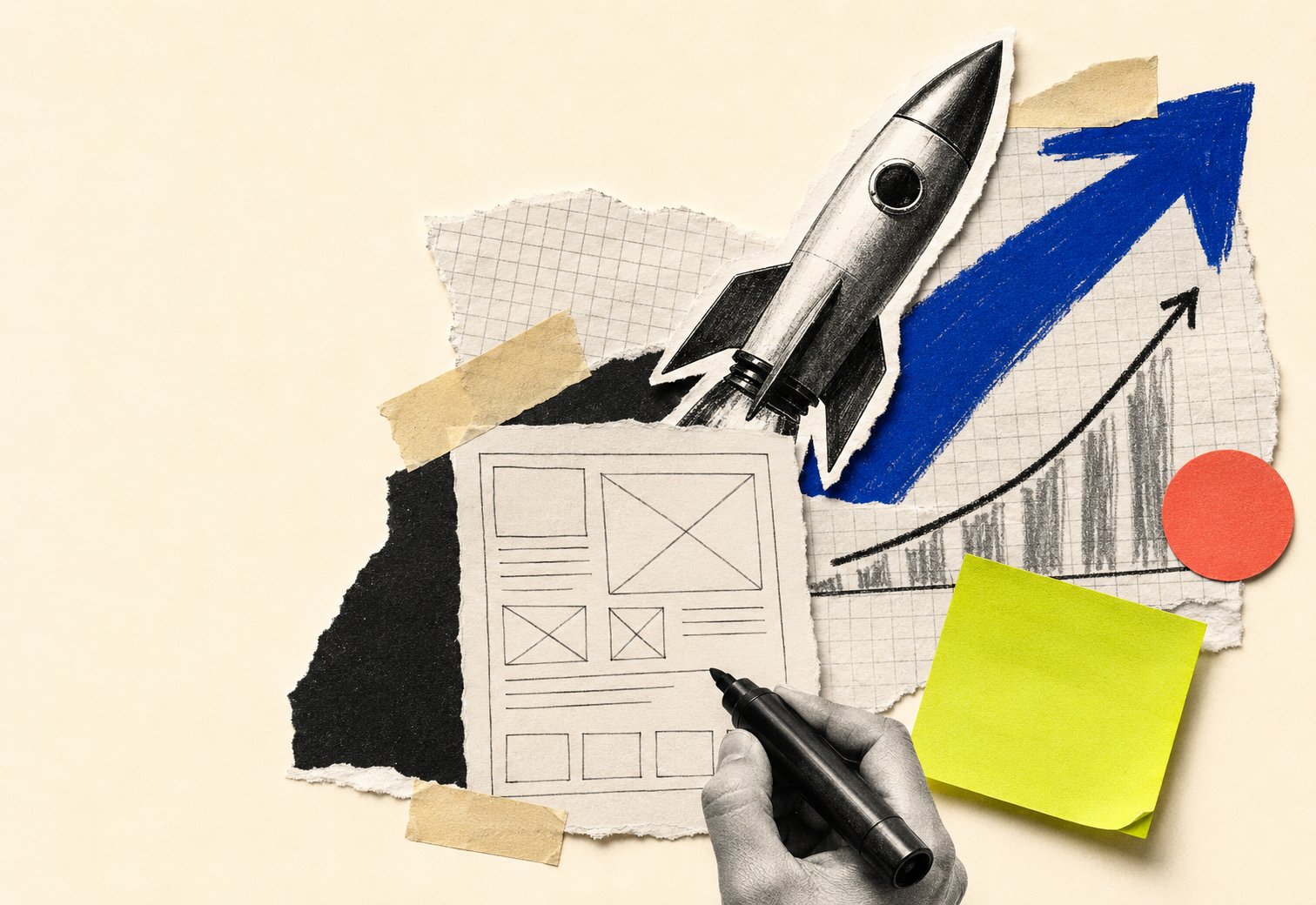 Editorial collage of a sketched product, growth chart, rocket, sticky note, and hand drawing a plan